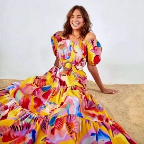 SOLD FARM Rio Neon Macaws Maxi Dress Beaded Tropical Bird Yellow Pink Size L - Picture 1 of 16
